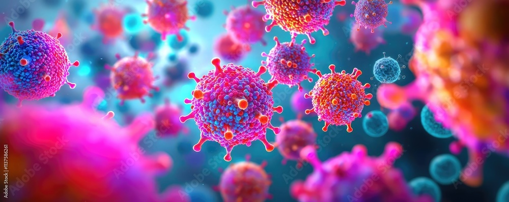 Poster cancer cells idea. vibrant microscopic view of colorful viruses floating in a cellular environment.
