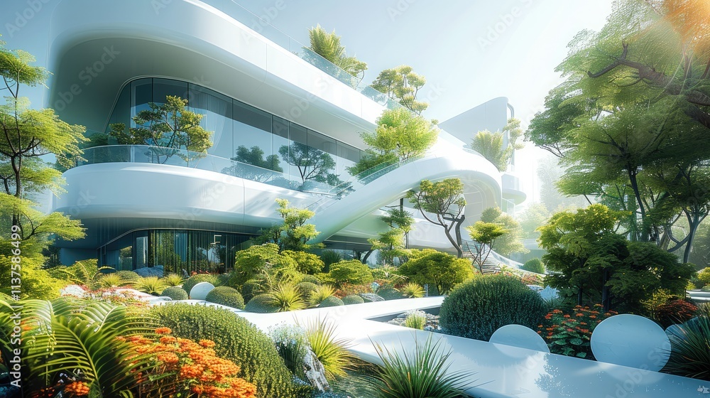 Poster biotechnology applications with plants and futuristic architecture building design, with glass, whit