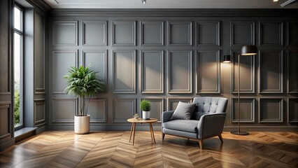 Modern Classic Interior Design: Gray Walls, Wood Floors, Paneling – High-Resolution Stock Photo