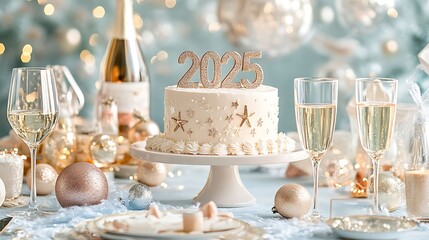 A glitzy New Year's celebration setup with sparkling wine, festive tableware, and a cake decorated with "2025"