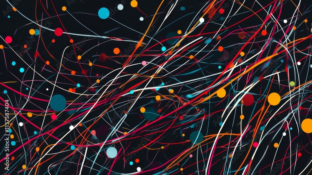 Poster colorful abstract lines and dots on dark background pattern