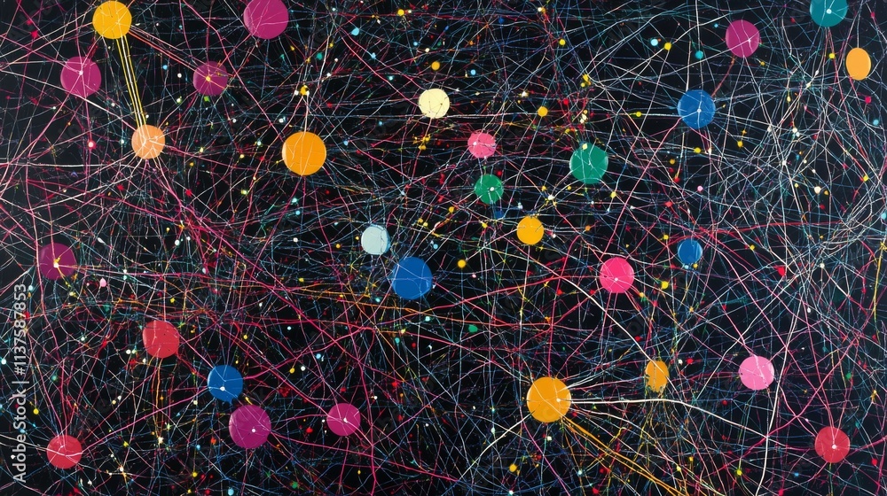 Poster colorful abstract network of circles and lines on dark background