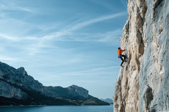 Rock Climber Scaling a Cliff Face with a Stunning View of Mountains and a Body of Water
