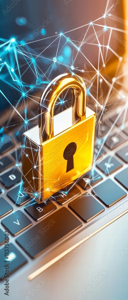 Poster golden padlock on laptop keyboard representing digital security.