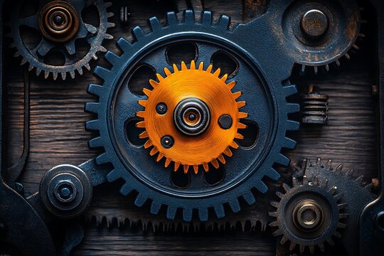 Close-up of intricate gears and cogs in a steampunk mechanism.