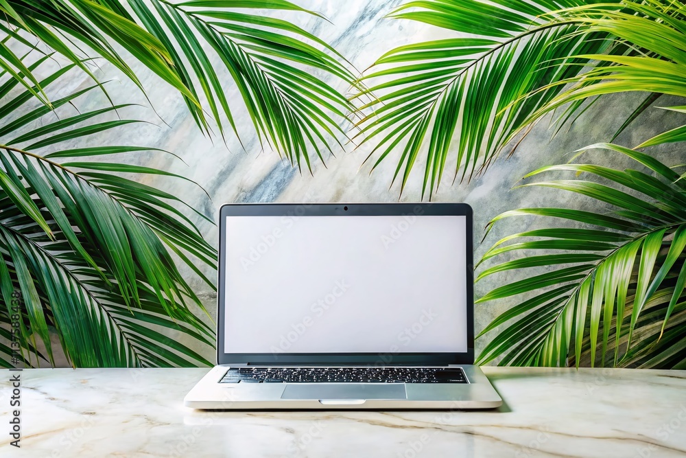 Poster modern laptop with blank screen on elegant marble table surrounded by lush green palm leaves creatin