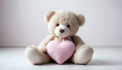 Obraz premium Cute adorable teddy bear with plush pink heart sitting on the floor, romantic Valentine background, copy space for text.