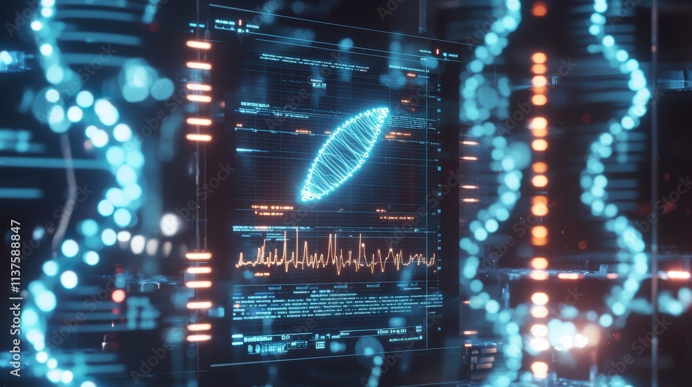 Poster Close-up of advanced dna testing machine personalized results in high-tech lab with digital biotechnology display