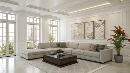 Fototapeta premium A photo of a spacious living room with clean lines and a neutral color palette. There is a large sectional sofa in a light grey hue, placed near the large windows. A sleek, dark brown coffee table .