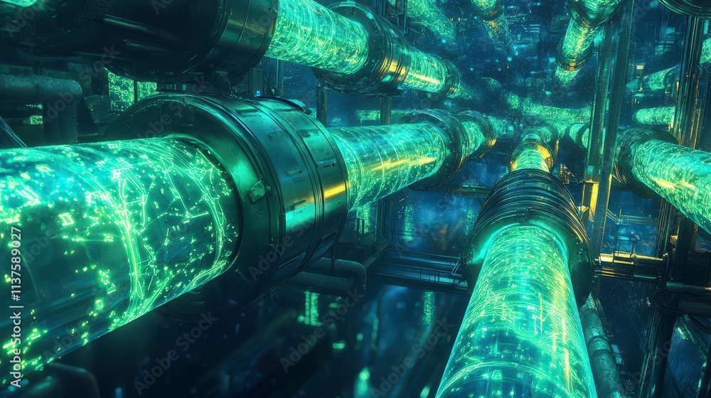 Poster Dynamic funding pipelines flowing through a futuristic cityscape visual data representation high-tech environment