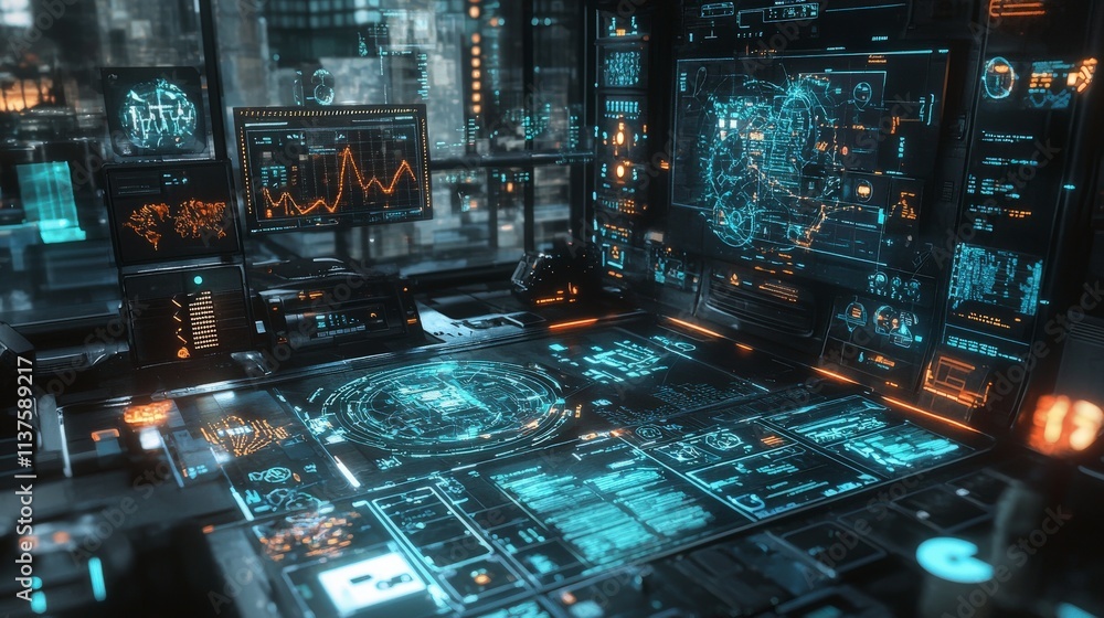 Poster Innovative digital interface for business analytics tech hub dashboard visualization urban environment high-tech viewpoint