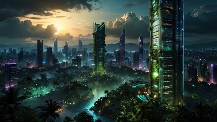 Obraz premium A Futuristic City, The Jungle Meet Hight Technology Atmosphere Stock Photo