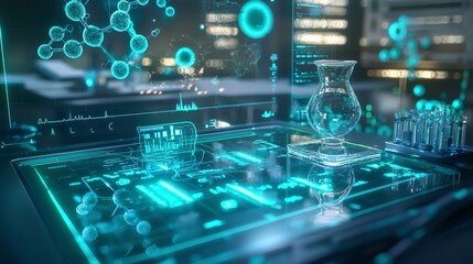 Innovative healthcare technology modern laboratory digital visualization urban environment futuristic view conceptual design