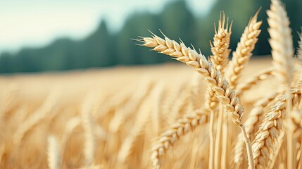 Wheat sustainability idea. Close-up of golden wheat ears swaying gently in a sunny field under a blue sky.