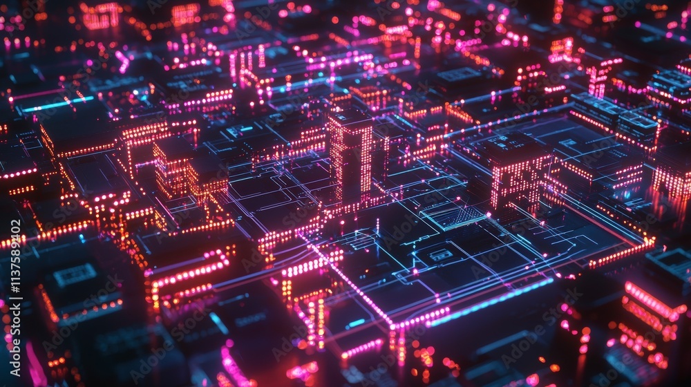 Poster Interconnected financial networks digital cityscape 3d visualization tech environment aerial view digital innovation