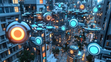 Futuristic cityscape powered by innovative technology urban environment digital artwork aerial view progress and innovation