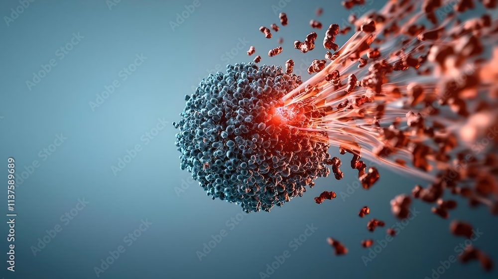 Poster cancer cells idea. 3d illustration of a virus particle attacking with dynamic energy burst in blue b