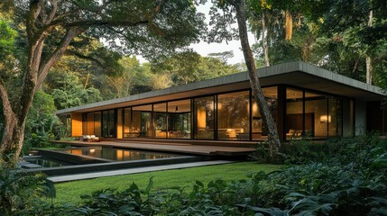 A minimalist house located in a forest area, designed as a house structure with surrounding trees and green plants background wallpaper AI generated image
