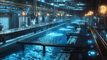 High-tech water purification process industrial facility water treatment clean environment aerial view sustainable innovation