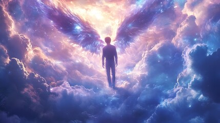 A figure with angelic wings stands among colorful clouds, symbolizing hope and dreams.