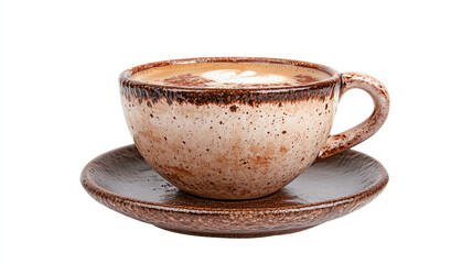 Ceramic coffee cup with saucer in rustic style isolated on white background
