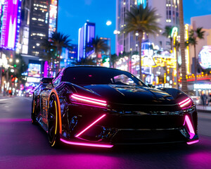 sleek black car with neon lights in vibrant cityscape at night