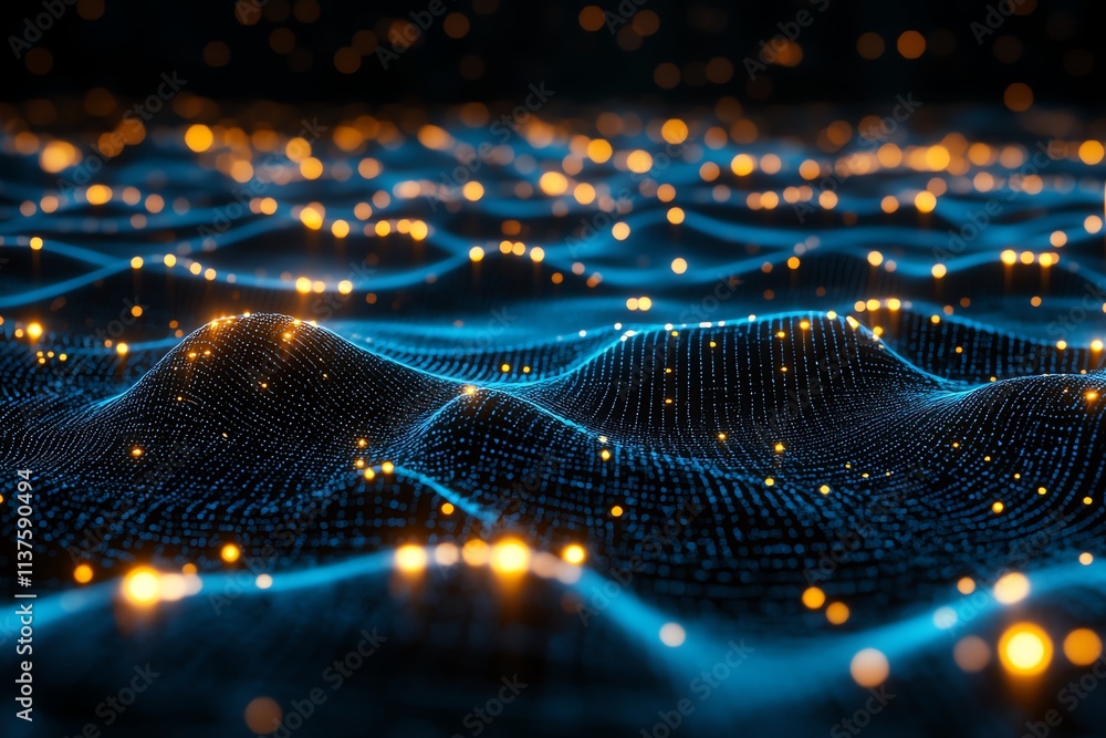 Poster abstract digital wave with glowing particles.