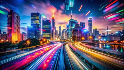 Fototapeta premium Modern Zoom Backgrounds: Long Exposure Photography, Abstract Cityscapes, Blurred Lights, Night City, Urban Scenery, Digital Art