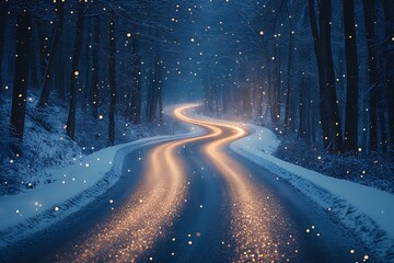 A snowy road winds through a forest at night, illuminated by car lights.