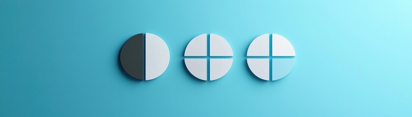 Three circular shapes are displayed against a blue background, featuring different designs and shades, suggesting themes of design or minimalism.