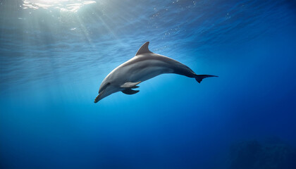 A single dolphin gracefully swimming underwater in a clear, deep blue ocean.