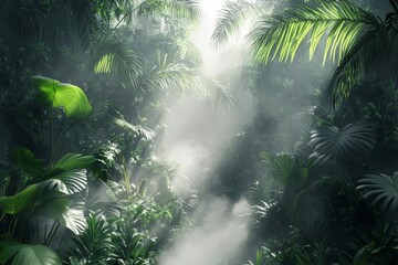 Naklejka premium Mysterious Foggy Tropical Jungle Path, Lush Greenery and Sunlight Rays.