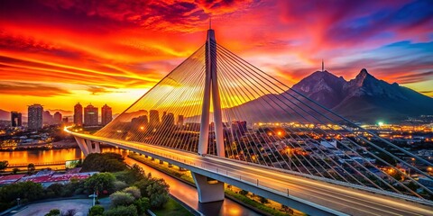 Monterrey Sunset: Low Light Cable-Stayed Bridge, Cerro de la Silla Panorama