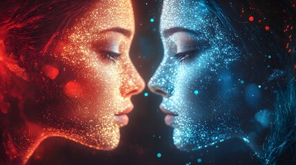 Obraz premium Two women with glowing, glittering faces in contrasting colors of red and blue.