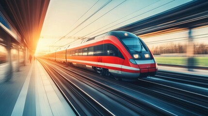 Fast Train in Motion at Sunset with Blurred Background Effect