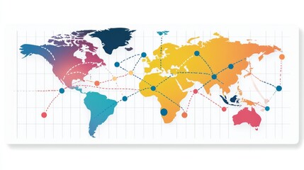Colorful World Map with Connections and Network Nodes for Travel