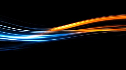 Abstract glowing blue and orange light streaks on a black background.