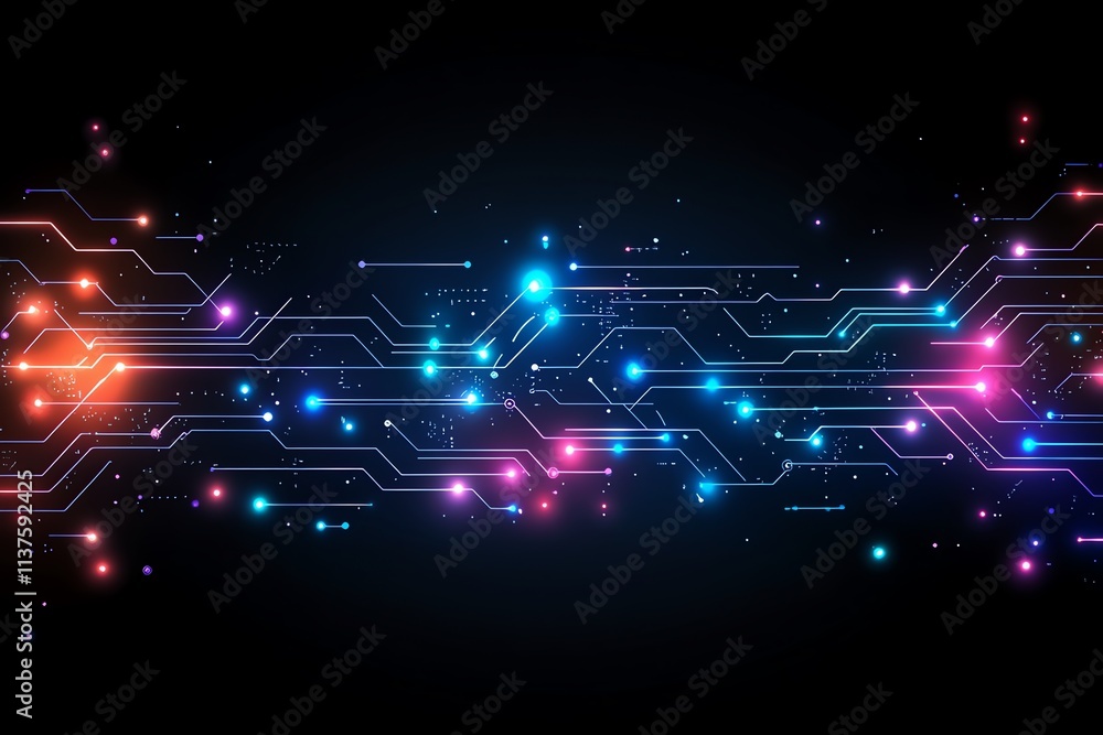 Poster abstract glowing circuit board pattern on dark background.