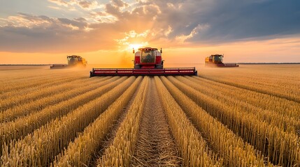 Fototapeta premium Harvesting wheat at sunset with three red combines in a golden field.