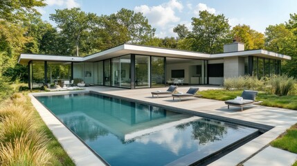 Luxurious minimalist house featuring a pool in the backyard. This house has a modern design background wallpaper AI generated image