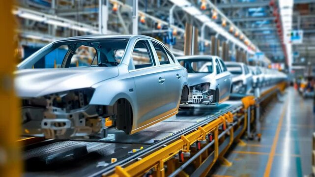 car manufacturing, conveyer with metal car details on the modern factory