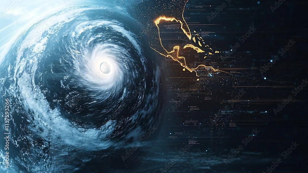 Poster photograph showcasing a hurricane trajectory map integrated with virtual twin forecasting technology