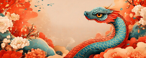 Obraz premium Elegant and Cute Chinese Lunar Year of the Snake Illustration with Vibrant Floral Elements