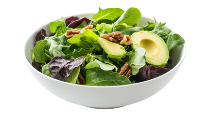 Fresh green salad with avocado and pecans served in a white bowl on a clear background for healthy eating.