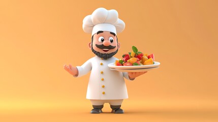 A cartoon chef holds a plate of fruit salad.
