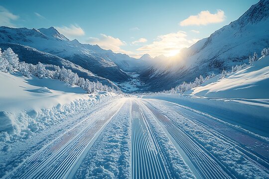 A cross-country ski trail winds through a snowy mountain valley at sunset.