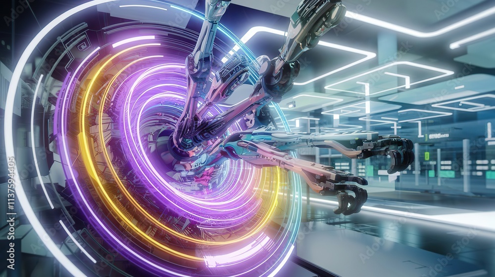 Wall mural abstract colorful circular lines with luminous ai circuit designs