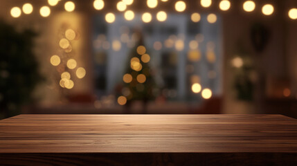 Fototapeta premium Empty wooden table top for displaying products against a yellow bokeh background, Empty wooden table top with blurred bokeh lights in the background 