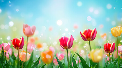 Vibrant photo of a blue sky with blooming flowers, ideal for Easter, Mother's Day or Spring Festival designs.