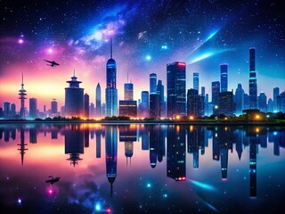 Neon Lake Cityscape Silhouette - Futuristic Night Scene, Sci-Fi City, Cyberpunk, Digital Art
